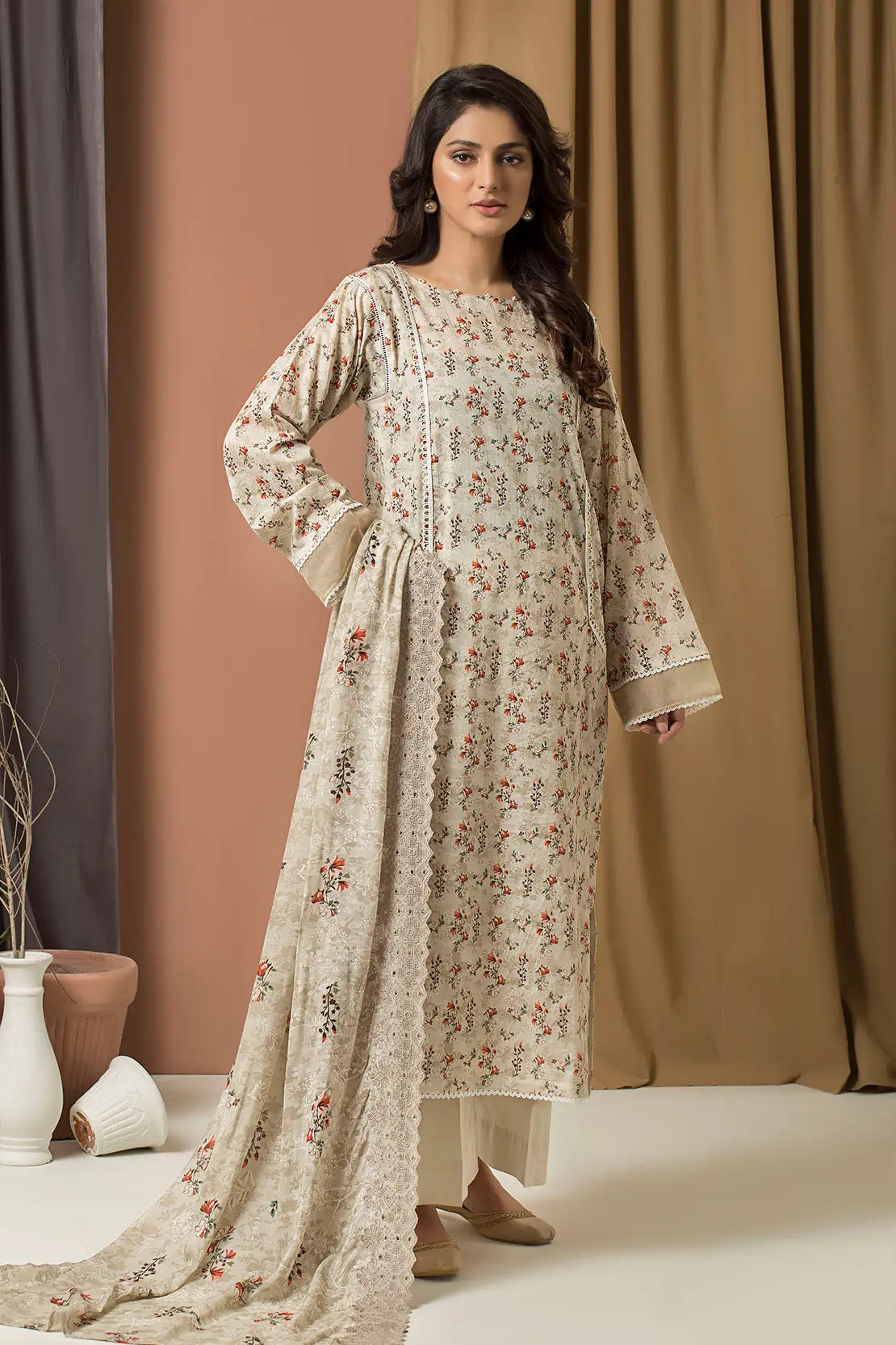 3 Piece - Printed Lawn with Embroidered Dupatta - 7683